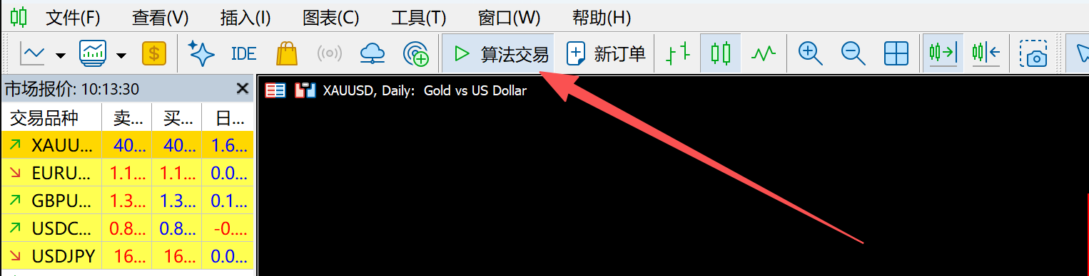 MT5 顶部工具栏的算法交易按钮，需为绿色