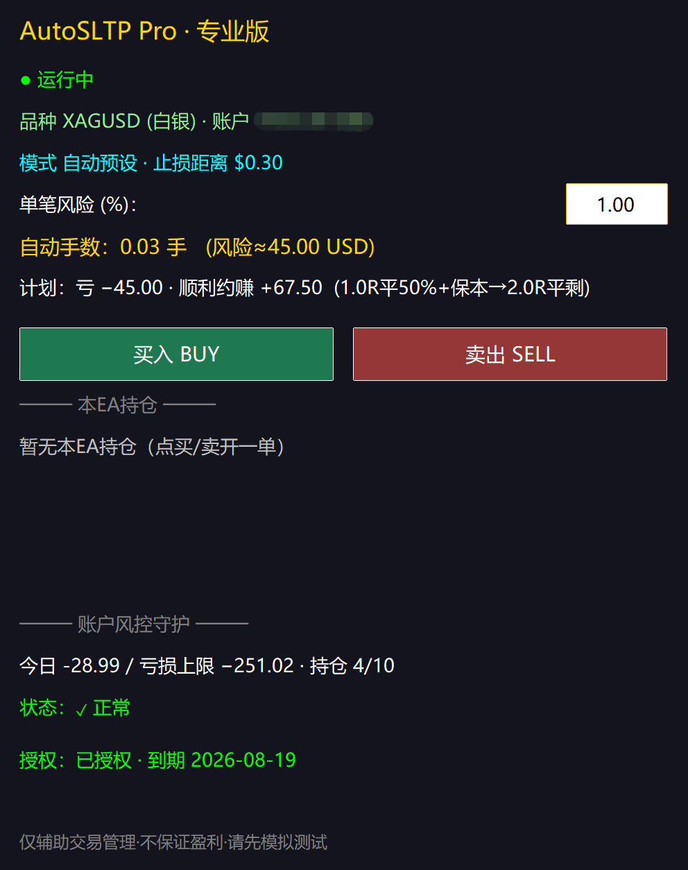 AutoSLTP Pro面板，授权行显示已授权